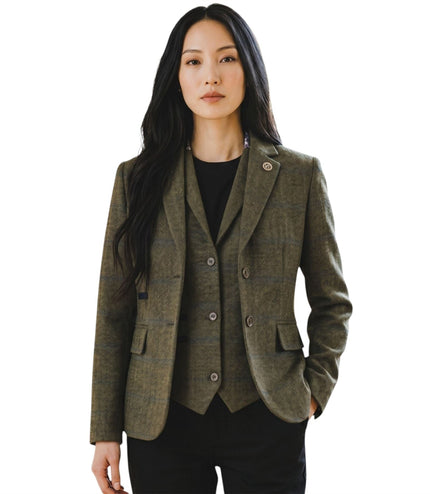 Women's Olive 2 Piece Check Formal Tweed Blazer & Waistcoat Set - TPSTZ-7