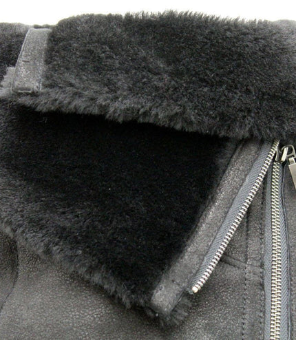 Womens Merino Sheepskin Aviator Leather Jacket-Asmara - Black