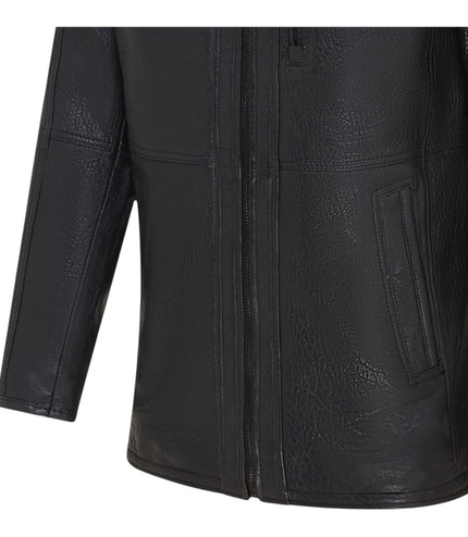 Mens Warm Mid-Length Leather Biker Coat - Sikander - Black