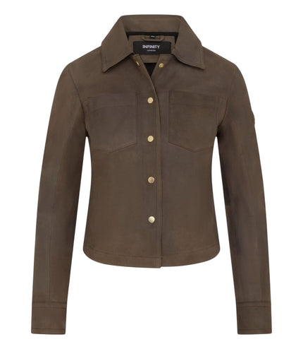 Womens Taupe Brown Leather Shacket Collar Jacket - Lofar