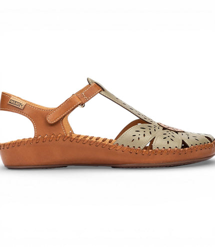 Pikolinos Women's Tan Green Leather Cushioned Wedge Sandal Shoes - P-Vallarta