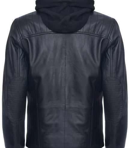 Mens Black Hooded Leather Biker Jacket-Salvador