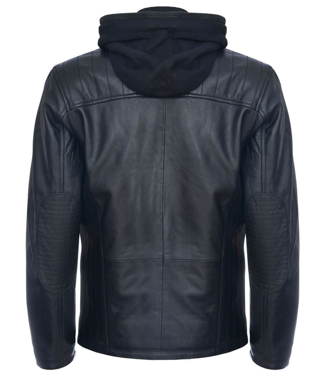 Mens Black Hooded Leather Biker Jacket-Salvador