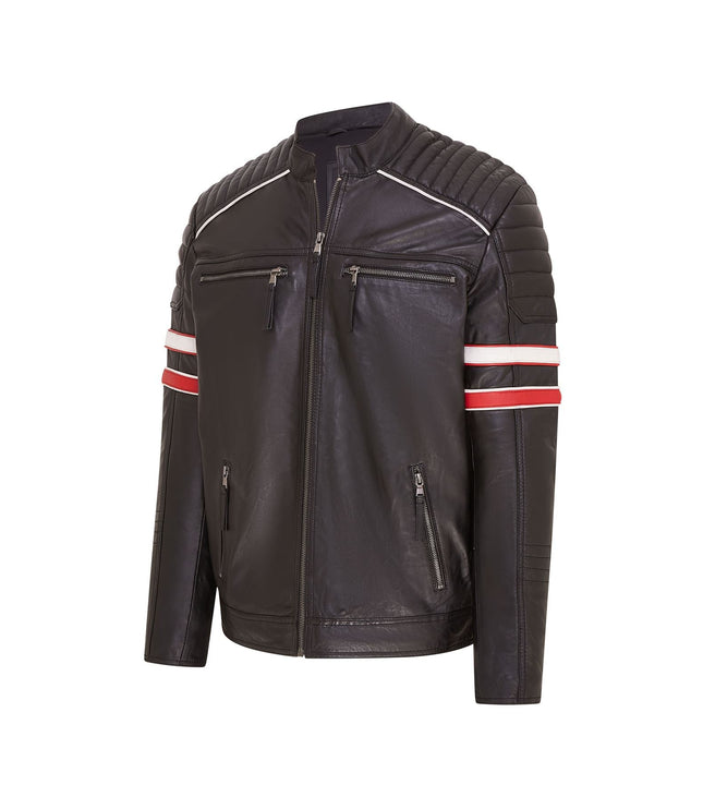 Mens Quilted Biker Leather Jacket Racing Jacket - Black