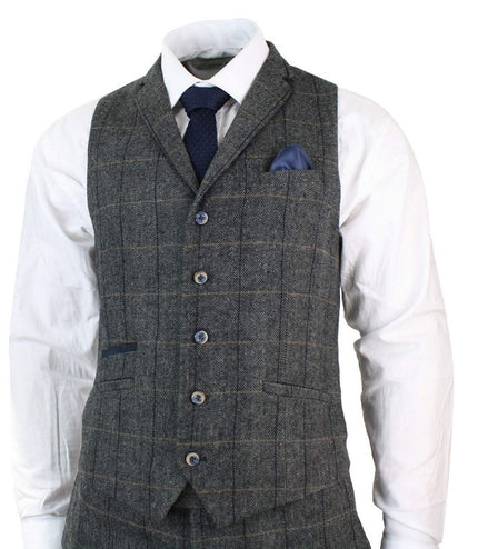 Mens 3 Piece Charcoal Grey Check Tweed Herringbone Vintage Classic Suit