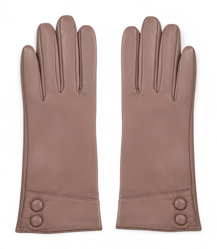 Womens Nude Beige Italian Leather Winter Button Design Soft Wool Lining Gloves - L-GLV-501