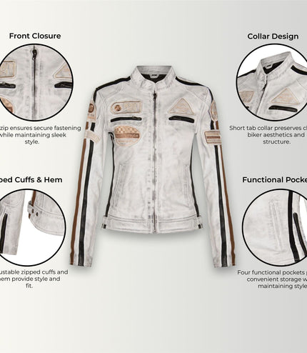 Womens Biker Racing Badges Leather Jacket-Eastleigh - Tan