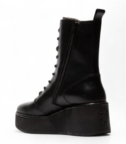 Fly London Womens Black Hait273 Leather Lace-Up Chunky Platform Ankle Boots