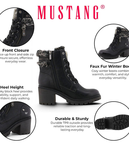 Mustang Women's Black Winter Warm Heeled Lace-Up Boots - M0122001