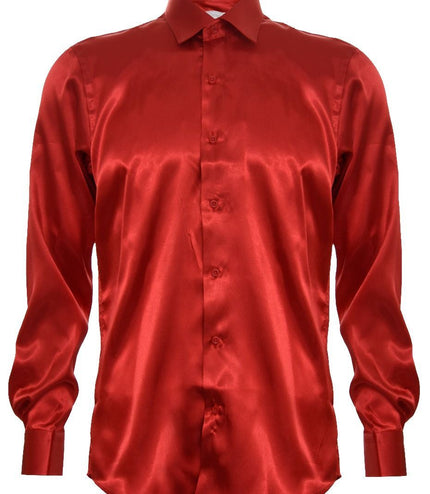 Mens Red Satin Silk Shirt Smart Casual Button Down Cuff Tailored Fit