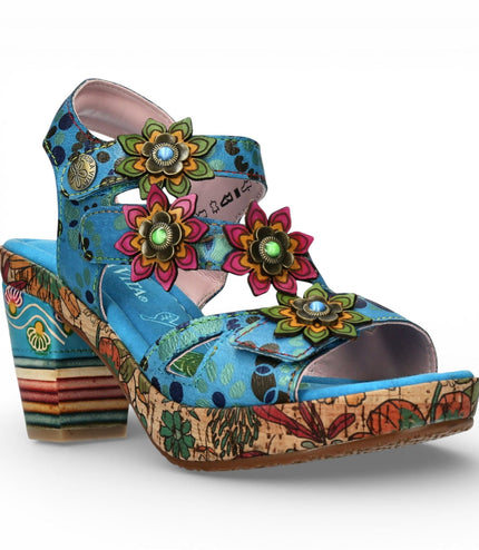 Laura Vita Women's Nellao 33 Blue Floral Leather Wedge Heel Espadrille Sandals