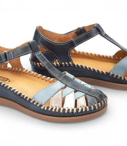Pikolinos Women's Ocean Blue Leather Semi-Open Wedge Sandal Shoes - Cadaques