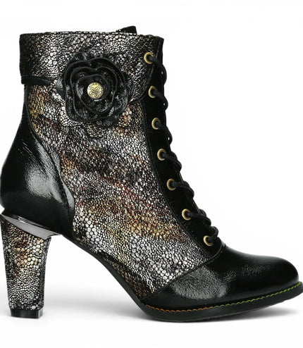 Laura Vita Women’s Black Leather Floral Heeled Lace-Up Boots - Alcbaneo 173