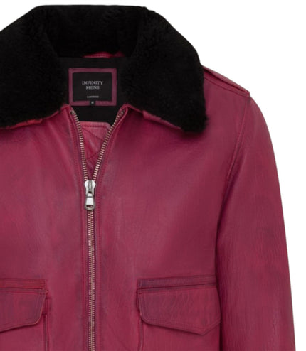 Mens Burgundy Leather Aviator Bomber Jacket - Lunar