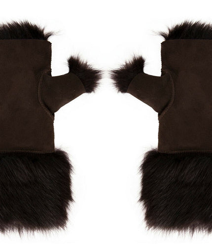 Womens Shearling  Mittens Fingerless Cuffs Toscana Suede Sheepskin Fur - Brown