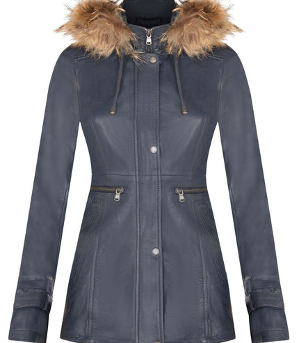 Womens Warm Leather Hooded Parka Jacket-Northwich - Navy