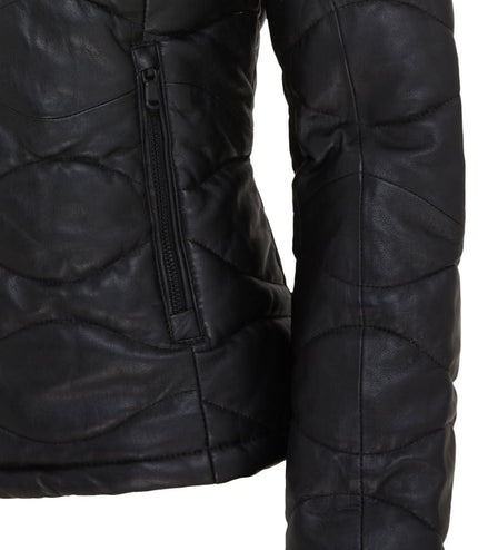 Womens Puffer Warm Quilted Leather Bomber Jacket - Black
