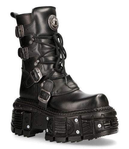 New Rock Unisex Black Leather Combat Platform Boots - TANK373-S1