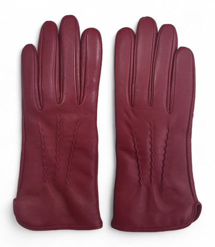 Womens Red Italian Leather Winter Stitch Line Design Soft Wool Lining Gloves - L-GLV-301