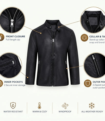 Mens Leather Black Stand Collar Cafe Racer Biker Jacket - E184