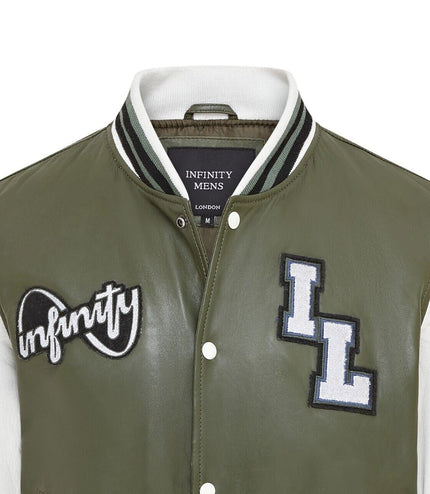 Mens Baseball Leather Letterman Bomber Jacket - Ashwood - Green