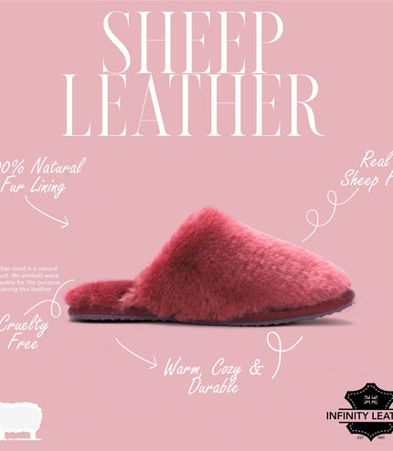 Women's Sheepskin Slippers Burgundy Warm Winter Fur Mule - Aurora