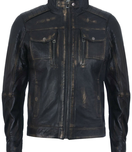 Men's Vintage Leather Biker Jacket-Cape Town - Black