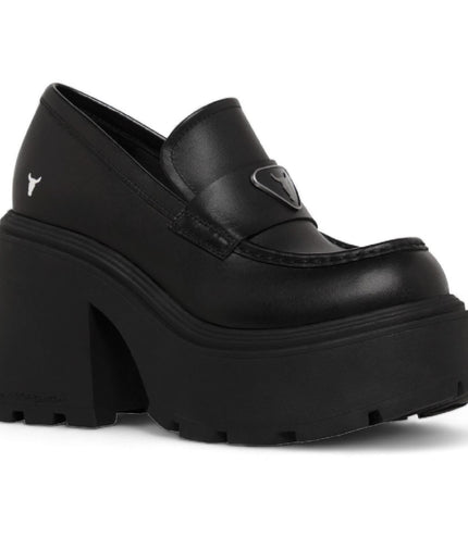 Windsorsmith Womens Black Leather Platform Loafers Shoes - Spolied