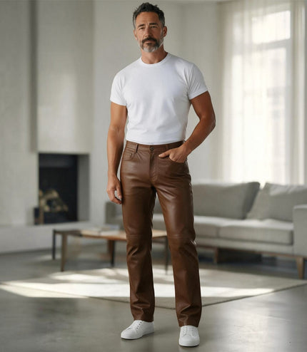 Mens Brown Lamb Leather 501 Biker Jeans - Istanbul