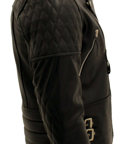 Mens Cowhide Leather Biker Jacket-Nassau - Black