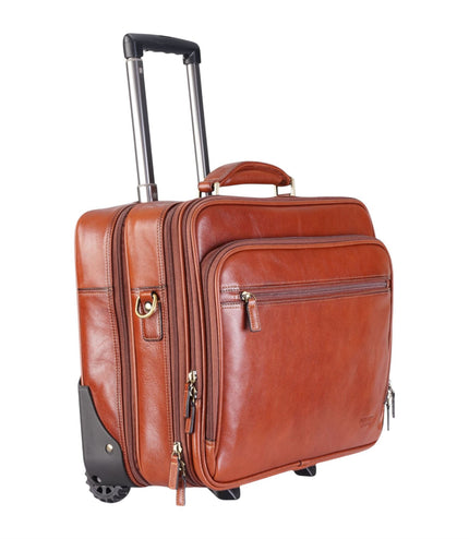 Genuine Leather Tan Wheel Laptop Briefcase Travel Cabin Pilot Bag - Nomad