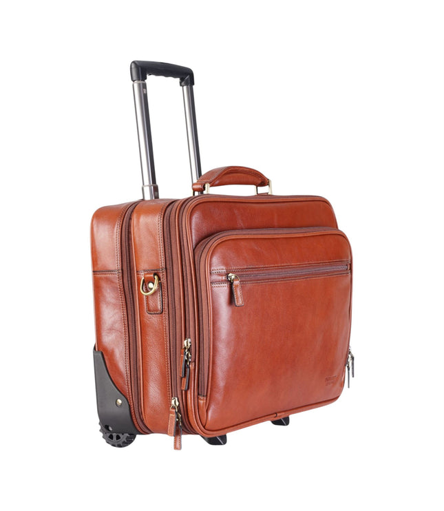 Genuine Leather Tan Wheel Laptop Briefcase Travel Cabin Pilot Bag - Nomad