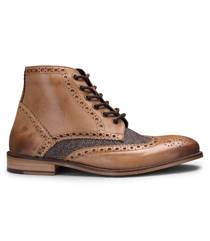 Mens Classic Oxford Tan Leather Gatsby Brogue Ankle Boots With Tweed