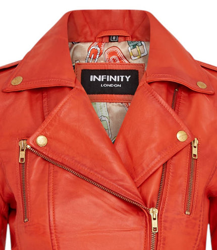 Womens Leather Brando Biker Jacket-Orlando - Orange
