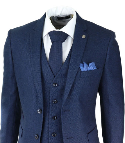 Mens 3 Piece Navy Blue Birdseye Tweed Classic Suit