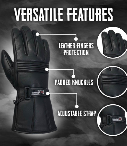 Men's Thermal Motorbike Black Leather Waterproof Biker Protection Gloves