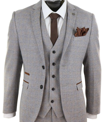 Mens 3 Piece Cream Tweed Check Vintage Retro Suit