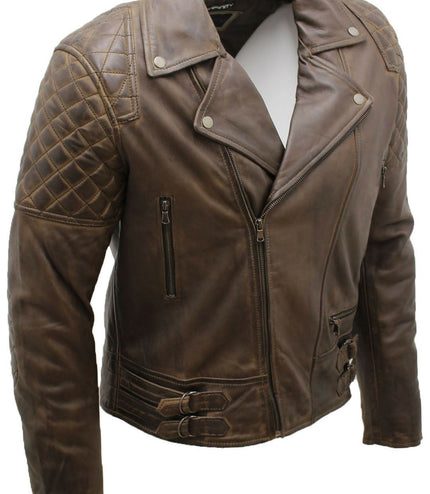 Mens Quilted Leather Biker Jacket-Bordeaux - Brown