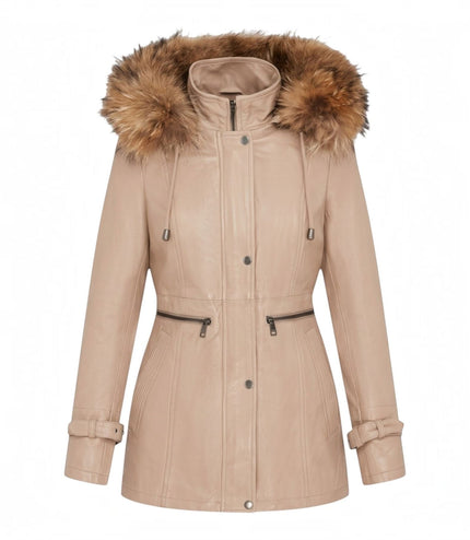 Womens Beige Warm Leather Hooded Parka Jacket-Northwich