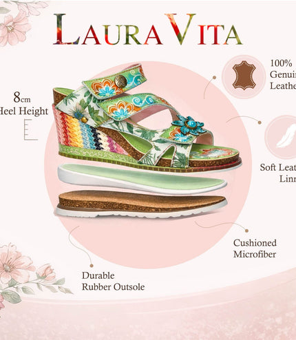 Laura Vita Women's Balade 32 Rose Pink Floral Leather Wedge Espadrille Sandals - Green