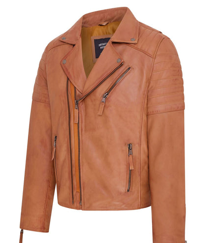 Mens Slim Fit Brando Style Double Cross Zip 100% Leather Biker Jacket - Tan