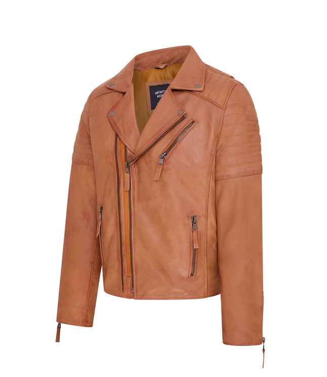 Mens Slim Fit Brando Style Double Cross Zip 100% Leather Biker Jacket - Tan