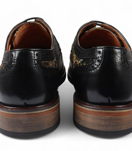 Justin Reess Men's Black Leather Floral Print Brogue Dress Shoes - Ross
