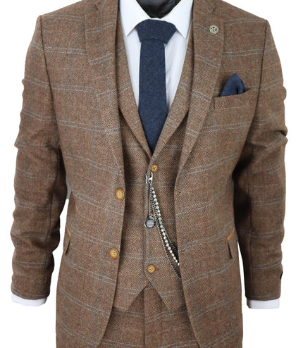 Mens 3 Piece Wool Suit Oak Brown Tweed Herringbone Check Peaky Blinders Gatsby
