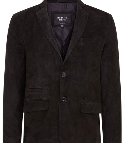 Mens Suede Blazer Jacket Soft Real Italian Leather Fitted Vintage Coat - Black