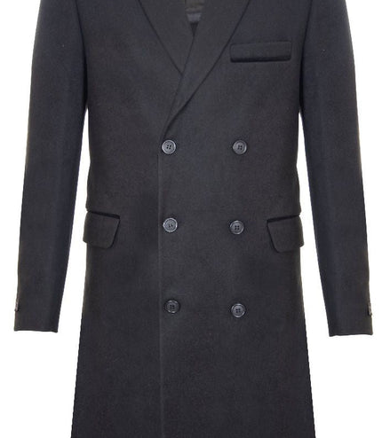 Mens 3/4 Black Long Double Breasted Overcoat Wool Coat Peaky Blinders