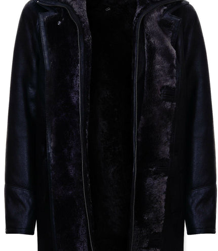 Mens Warm Shearling Sheepskin Leather Coat-Florence - Black