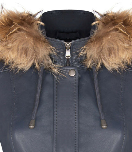 Womens Warm Leather Hooded Parka Jacket-Northwich - Navy