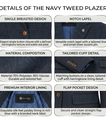 Women's Navy Tweed Blazer Tailored Formal Jacket - Madrid