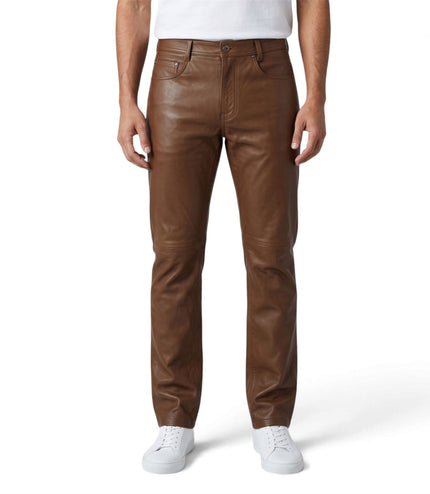 Mens Brown Lamb Leather 501 Biker Jeans - Istanbul